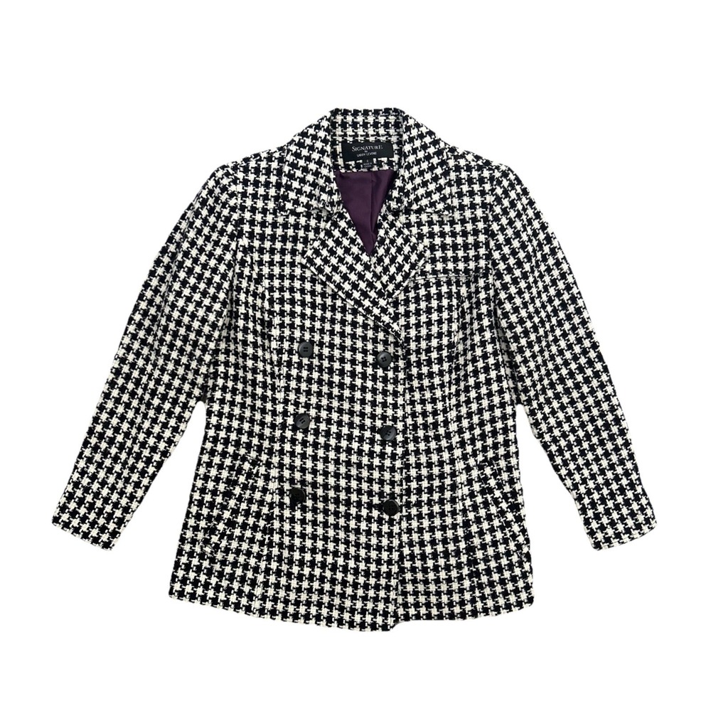 Signature Larry‎ Levine Women's Blazer 8 Black White Houndstooth Double Breasted